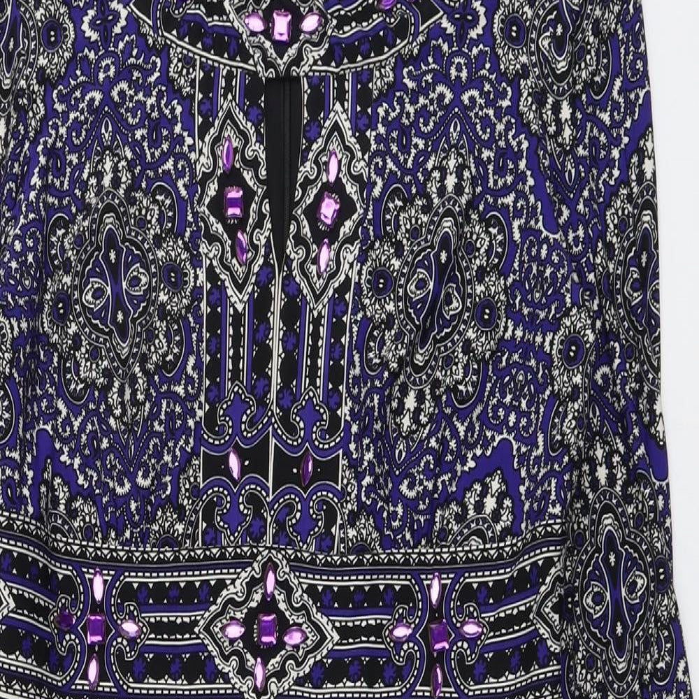 M&Co Womens Purple Paisley Polyester Shift Size 14 Boat Neck Zip - Embellished