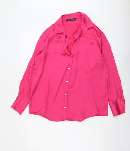 Zara Womens Pink Polyester Basic Button-Up Size M Collared