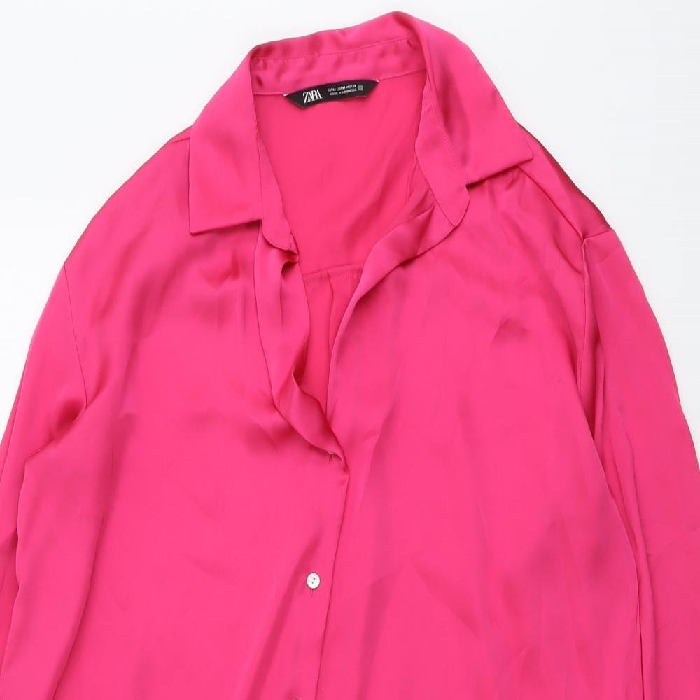 Zara Womens Pink Polyester Basic Button-Up Size M Collared