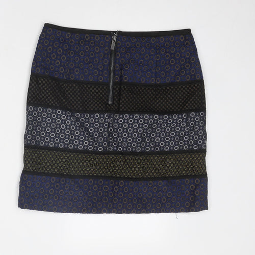 Marks and Spencer Womens Blue Geometric Polyester A-Line Skirt Size 8 Zip
