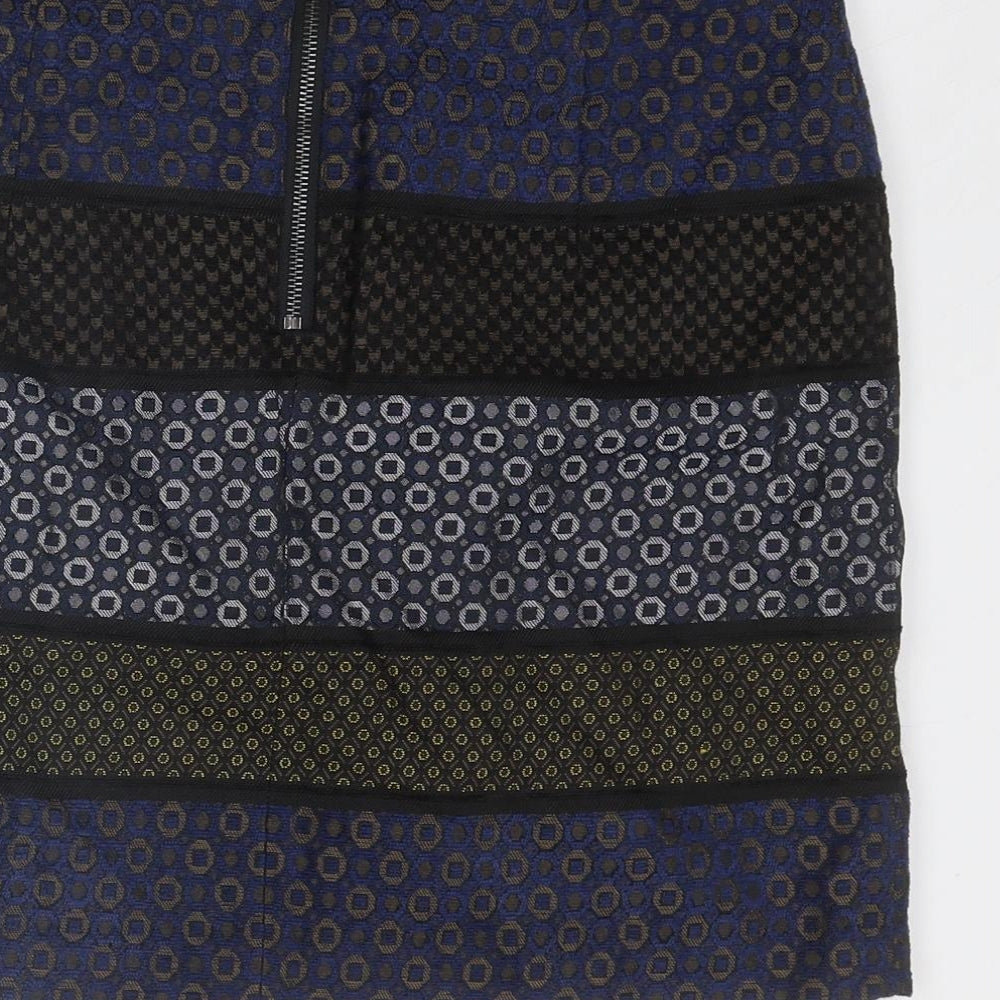 Marks and Spencer Womens Blue Geometric Polyester A-Line Skirt Size 8 Zip