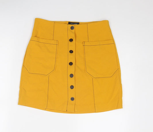 New Look Womens Yellow Polyester A-Line Skirt Size 10 Button