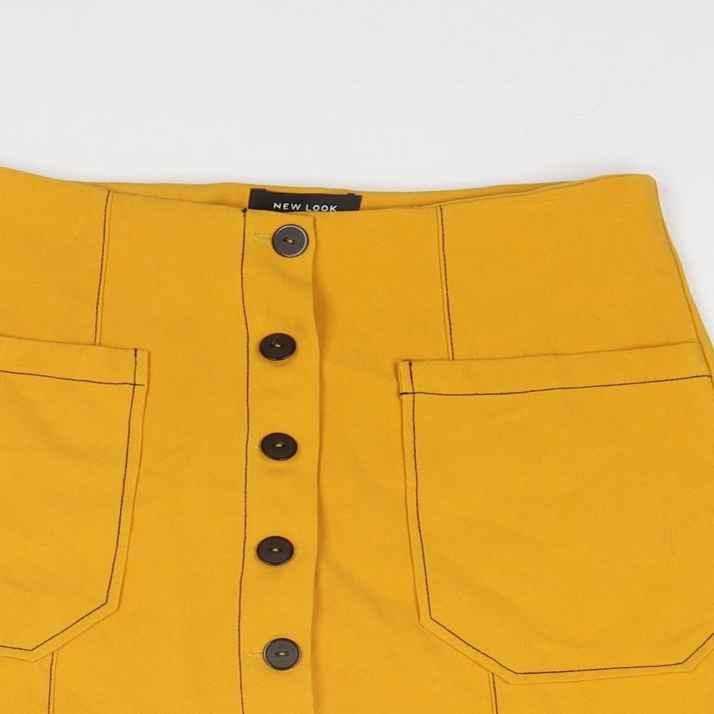 New Look Womens Yellow Polyester A-Line Skirt Size 10 Button