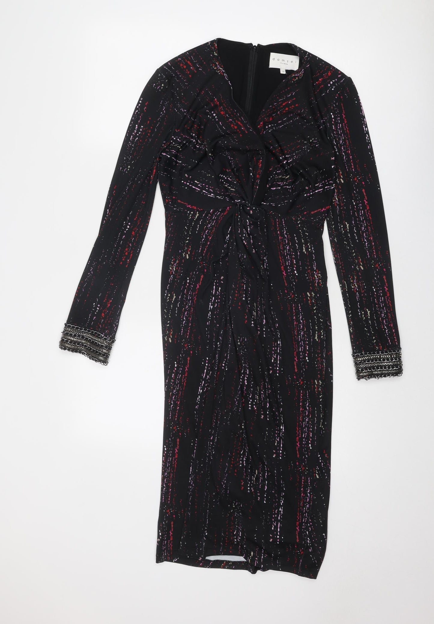 Damsel in a Dress Womens Black Geometric Polyester A-Line Size 10 V-Neck Zip - Zipped cuffs