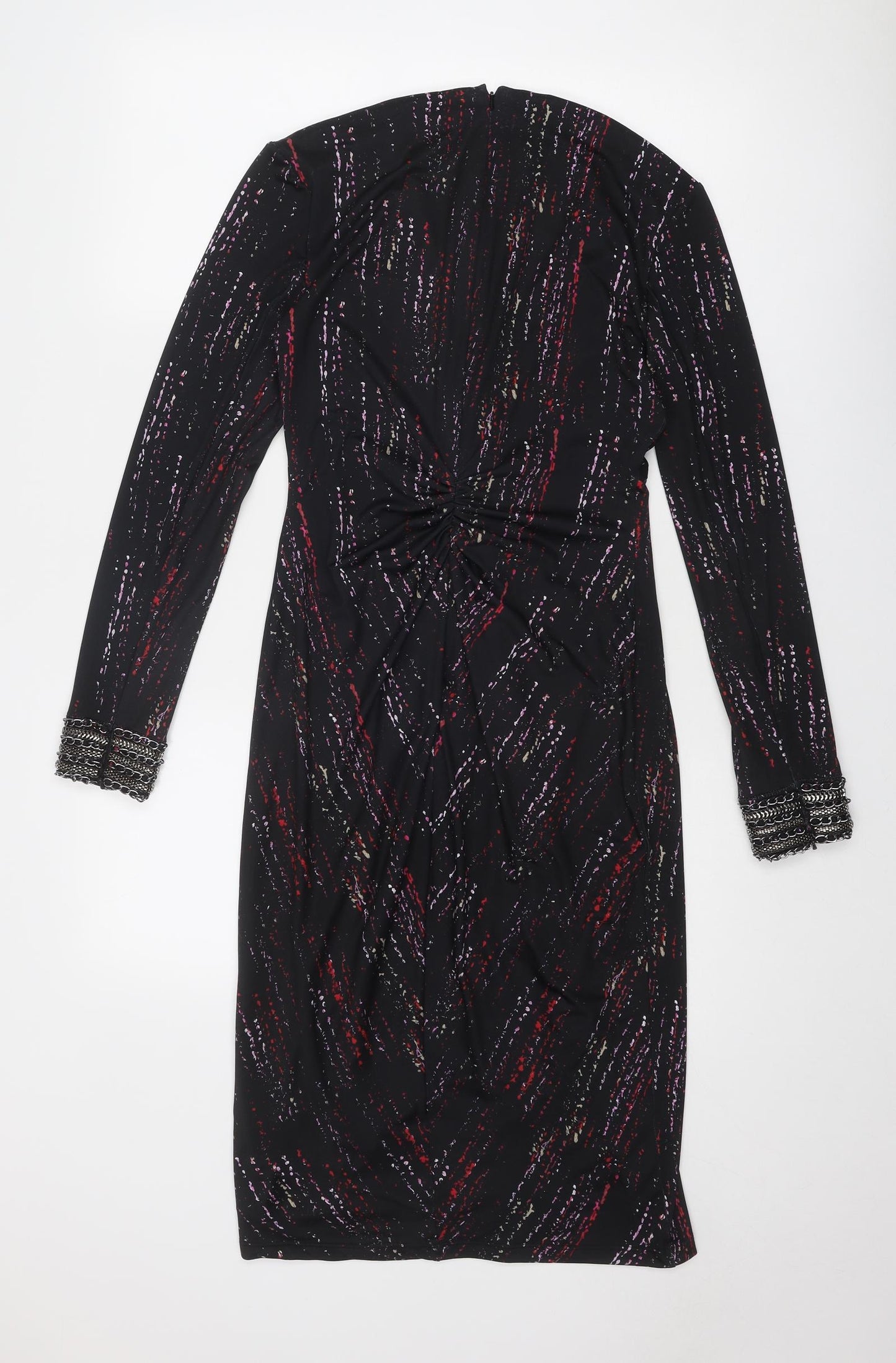 Damsel in a Dress Womens Black Geometric Polyester A-Line Size 10 V-Neck Zip - Zipped cuffs
