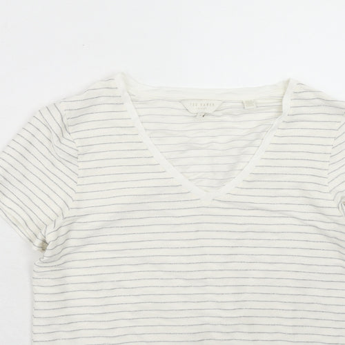 Ted Baker Womens White Striped Viscose Basic T-Shirt Size S V-Neck