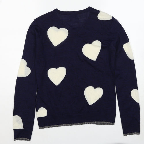 Antoni & Alison Womens Blue Round Neck Geometric Wool Pullover Jumper Size 10 - Heart Pattern