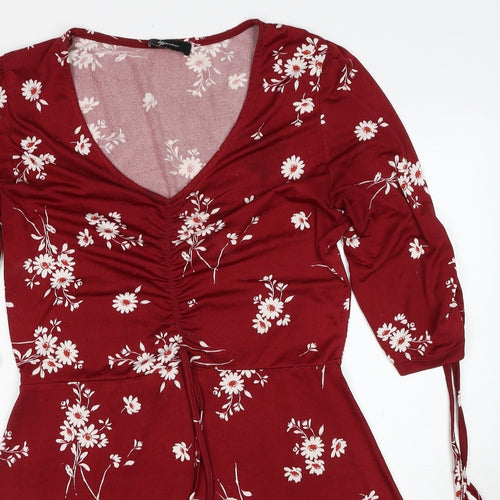 H&M Womens Red Floral Polyester A-Line Size M V-Neck Pullover