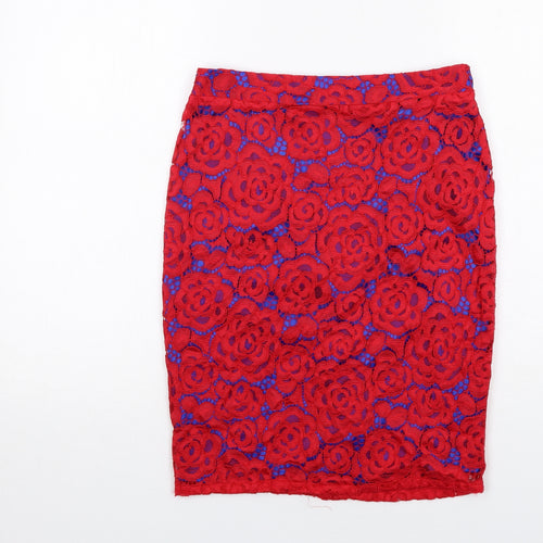 Marks and Spencer Womens Red Floral Polyamide A-Line Skirt Size 8 Zip