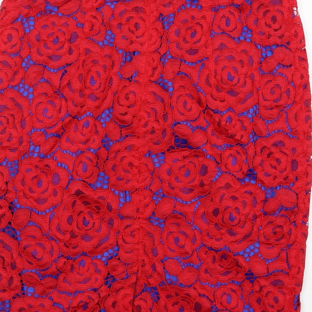 Marks and Spencer Womens Red Floral Polyamide A-Line Skirt Size 8 Zip