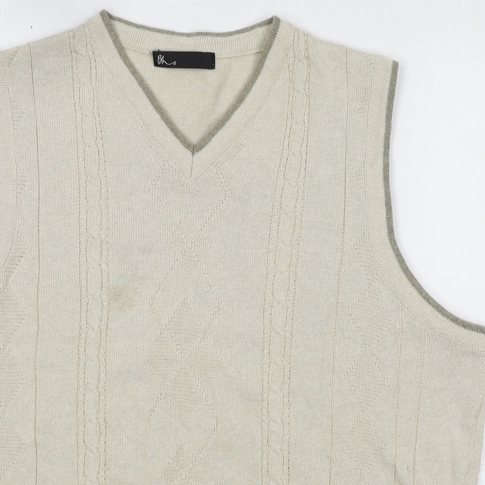 BHS Mens Beige V-Neck Herringbone Cotton Vest Jumper Size S Sleeveless