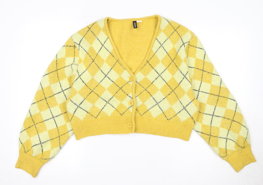 H&M Womens Yellow V-Neck Argyle/Diamond Polyester Cardigan Jumper Size S