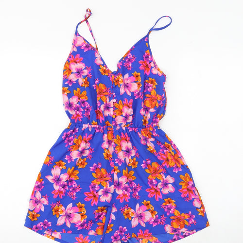New Look Womens Blue Floral Polyester Playsuit One-Piece Size S Button