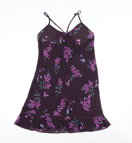 Debenhams Womens Purple Floral Polyester Slip Dress Size 12 Round Neck Tie