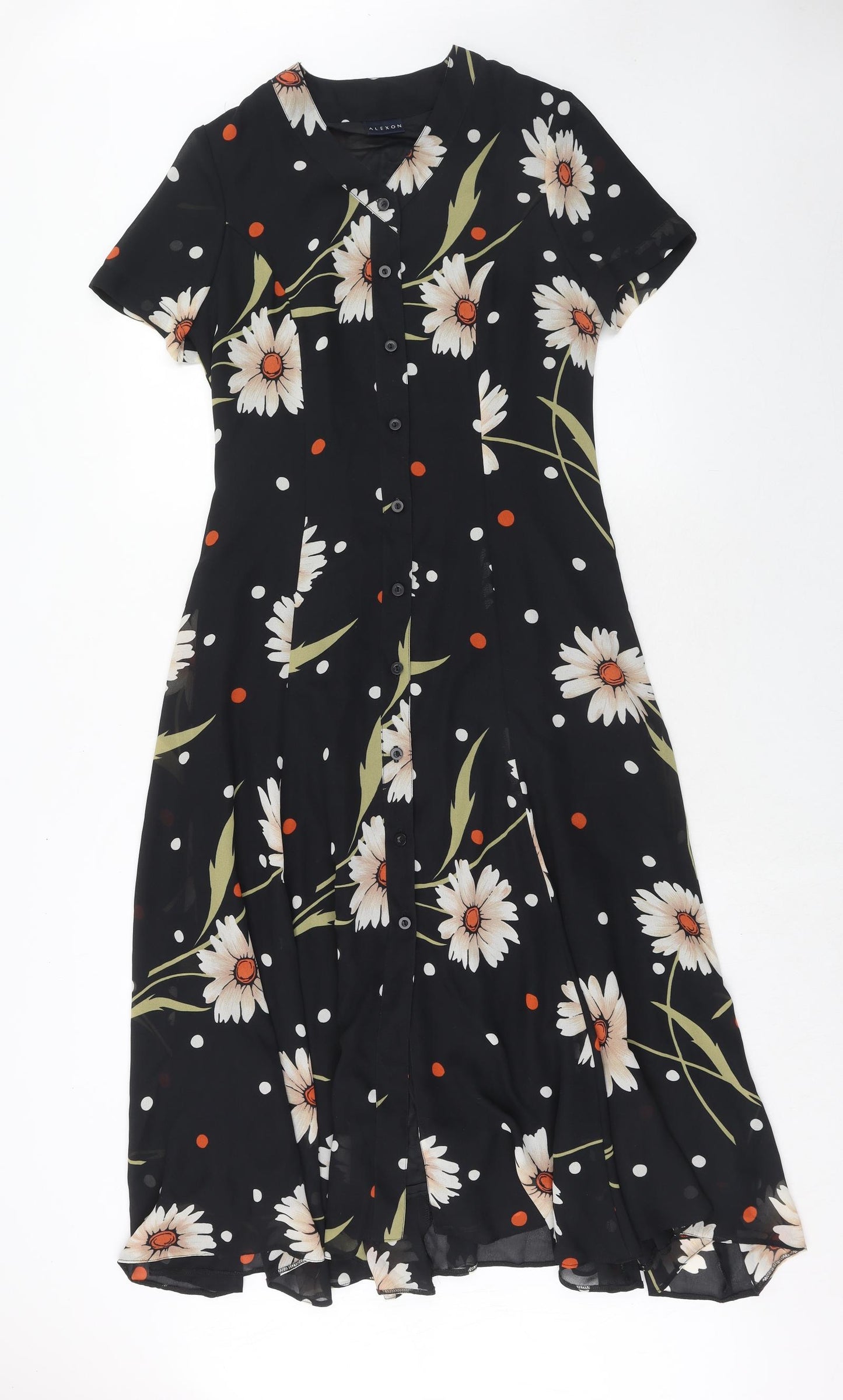Alexon Womens Black Floral Polyester Trapeze & Swing Size 10 V-Neck Button