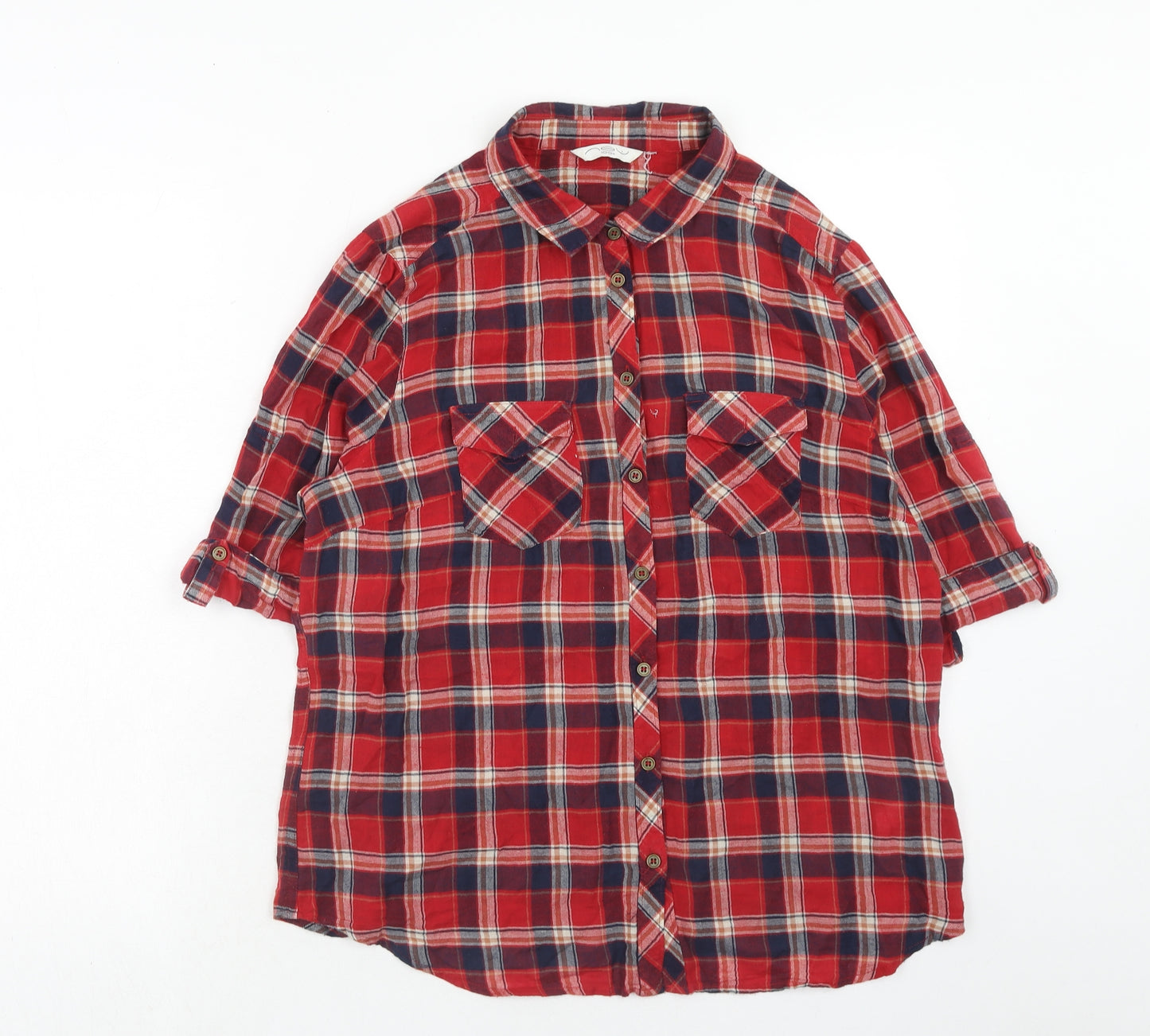 New Look Womens Red Plaid Cotton Basic Button-Up Size 16 Collared
