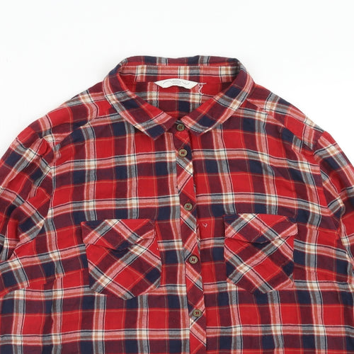 New Look Womens Red Plaid Cotton Basic Button-Up Size 16 Collared
