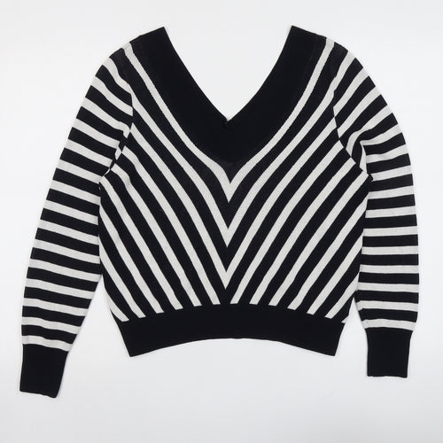Marks and Spencer Womens Black V-Neck Striped Viscose Pullover Jumper Size 16