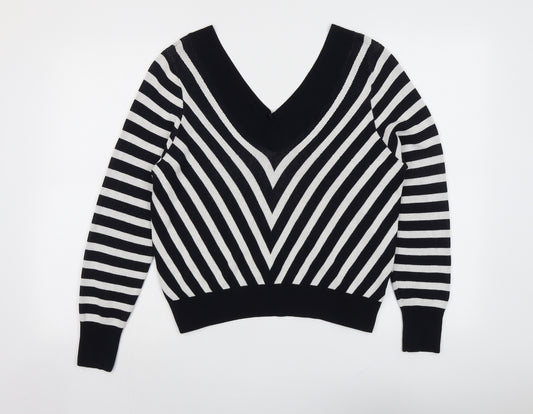 Marks and Spencer Womens Black V-Neck Striped Viscose Pullover Jumper Size 16