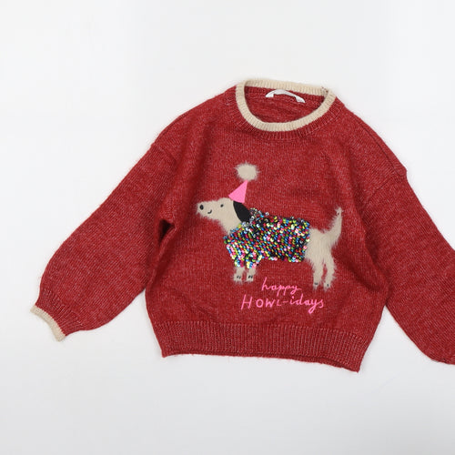 Marks and Spencer Girls Red Round Neck Polyester Pullover Jumper Size 3-4 Years Pullover - Happy Howl-idays