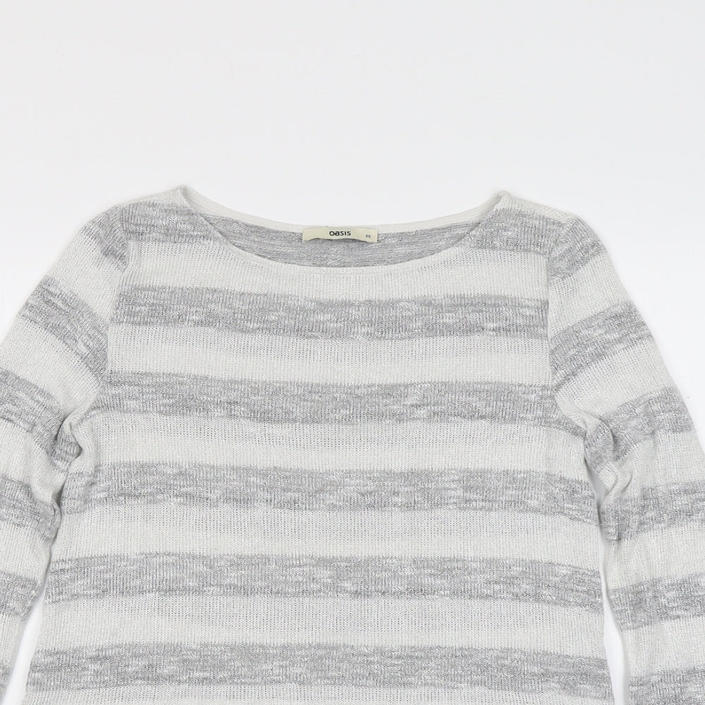 Oasis Womens Grey Round Neck Striped Viscose Pullover Jumper Size XS