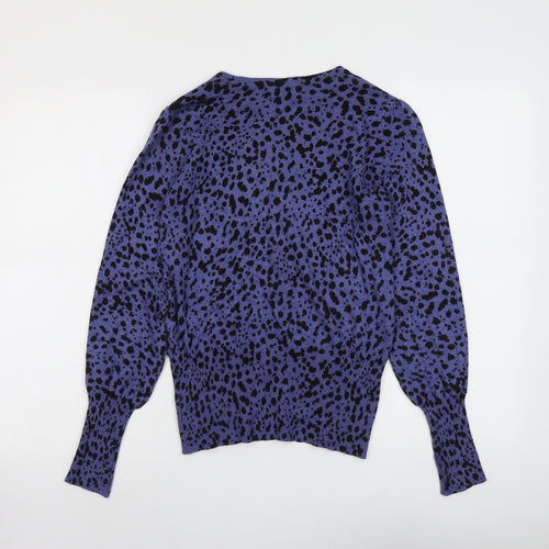 Marks and Spencer Womens Blue Round Neck Animal Print Viscose Pullover Jumper Size 8 - Cheetah Print