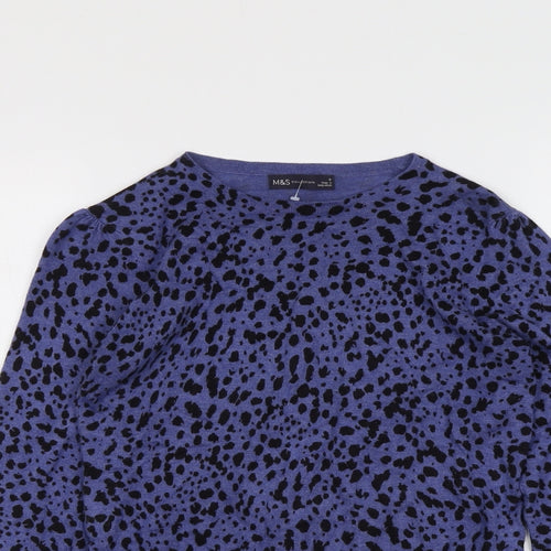 Marks and Spencer Womens Blue Round Neck Animal Print Viscose Pullover Jumper Size 8 - Cheetah Print