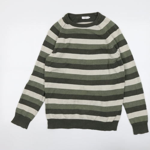 Cotton Traders Mens Green Round Neck Striped Cotton Pullover Jumper Size S Long Sleeve