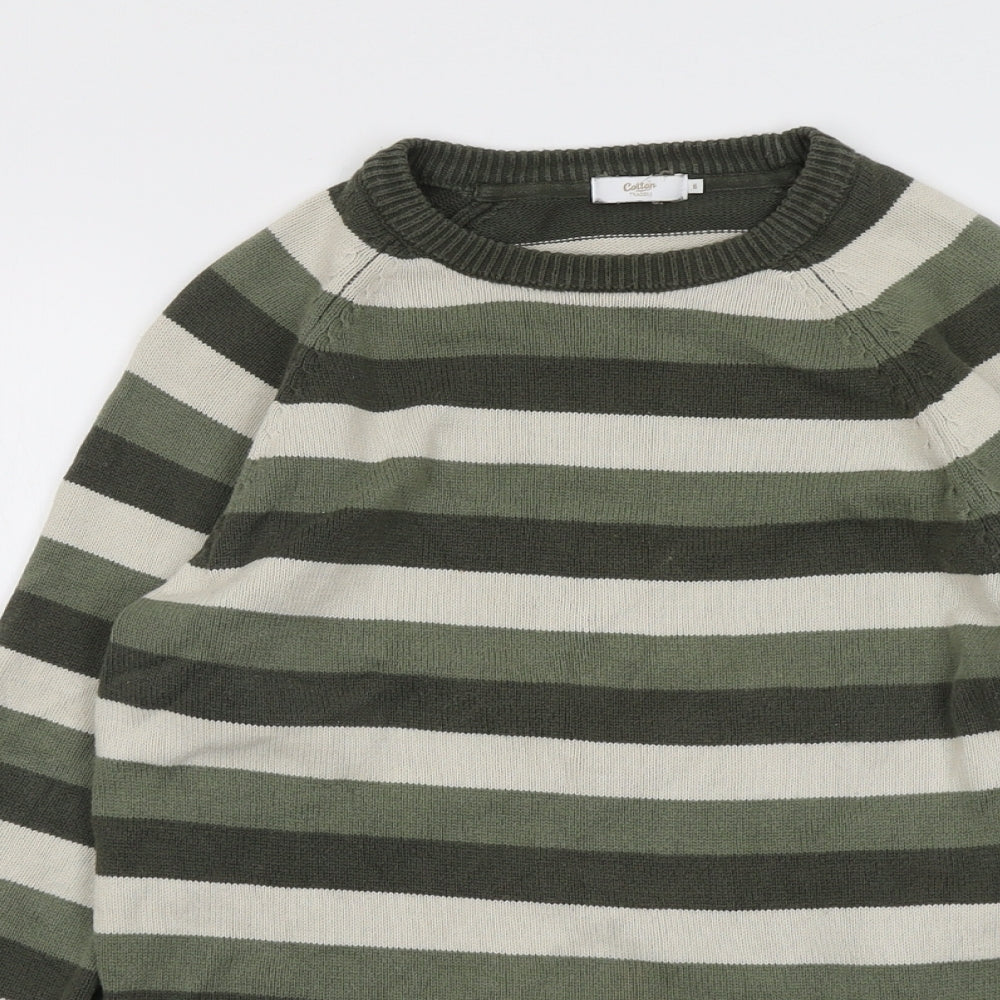 Cotton Traders Mens Green Round Neck Striped Cotton Pullover Jumper Size S Long Sleeve