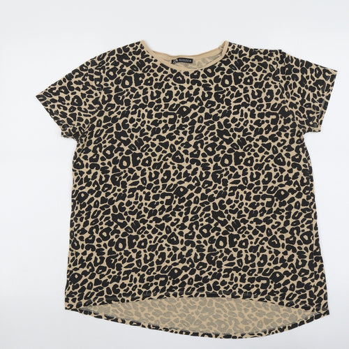 Zara Womens Beige Animal Print Cotton Basic T-Shirt Size M Round Neck - Leopard Print