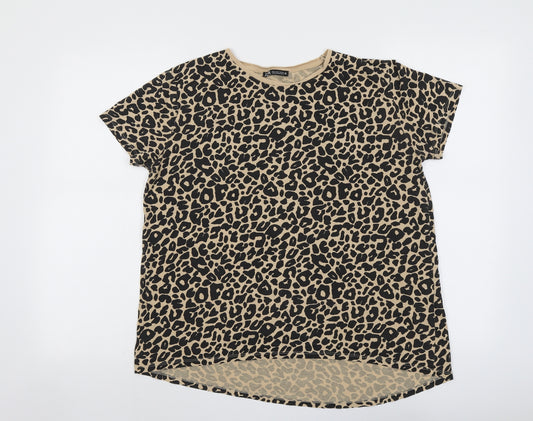 Zara Womens Beige Animal Print Cotton Basic T-Shirt Size M Round Neck - Leopard Print