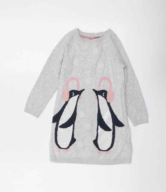 Marks and Spencer Girls Grey Cotton Jumper Dress Size 3-4 Years Round Neck Button - Penguin