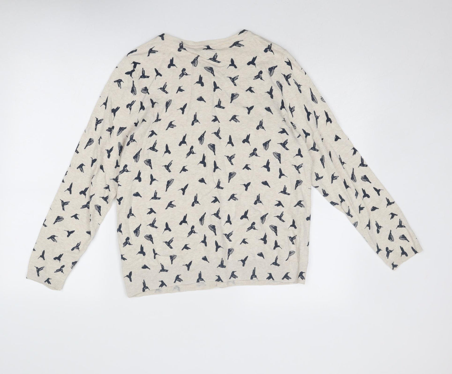 BHS Womens Beige Round Neck Geometric Cotton Cardigan Jumper Size 16 - Bird Print