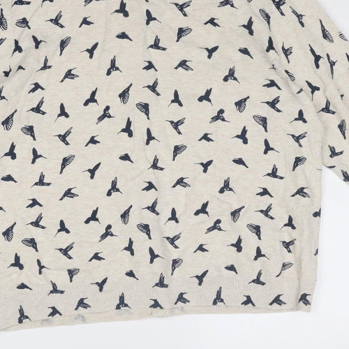 BHS Womens Beige Round Neck Geometric Cotton Cardigan Jumper Size 16 - Bird Print