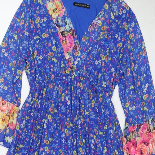Made in Italy Womens Blue Floral Polyester Fit & Flare Size M V-Neck Pullover - Size M-L