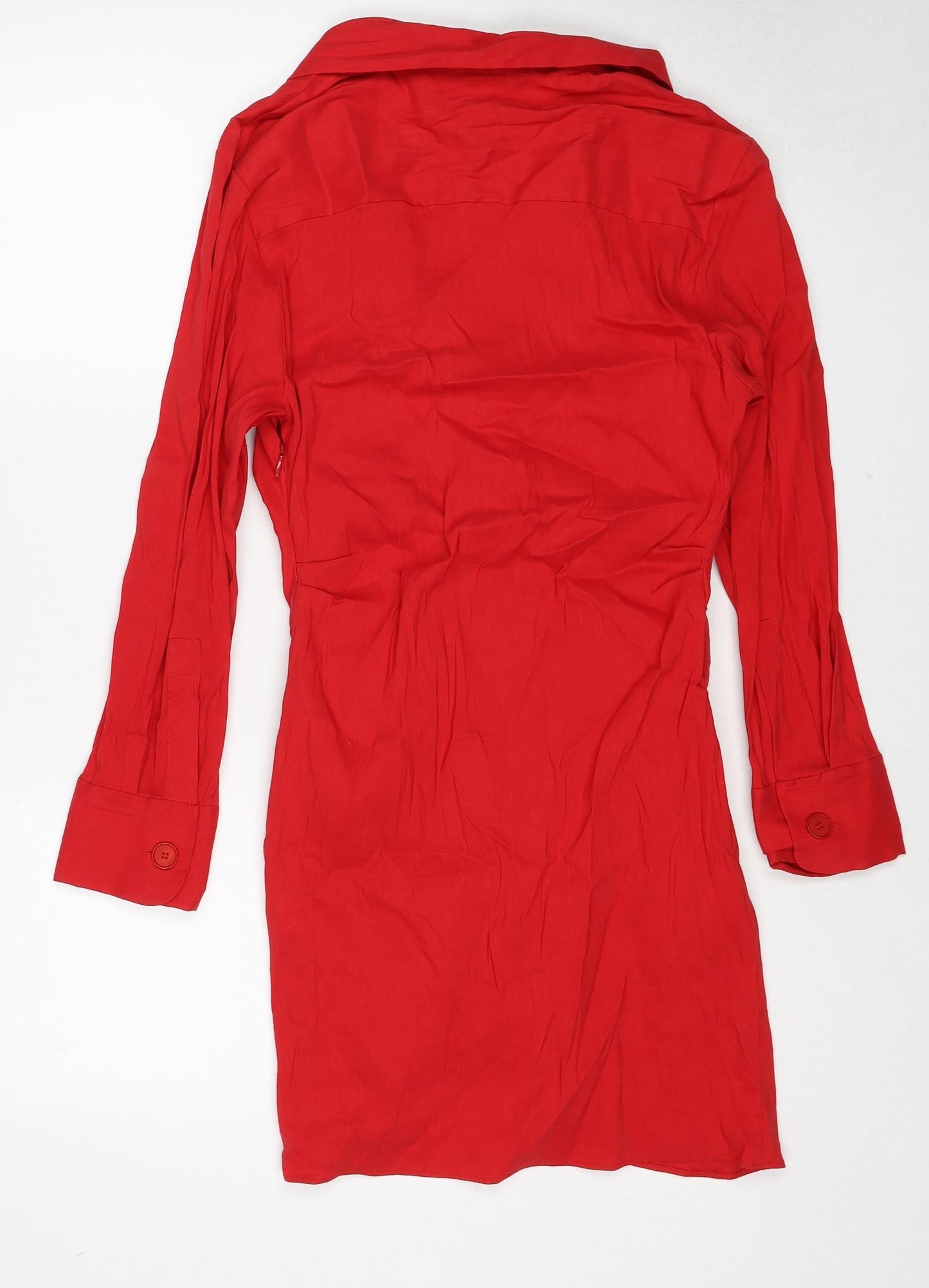 Zara Womens Red Linen Mini Size M Collared Pullover - Ruched Detail