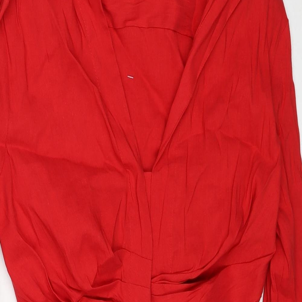 Zara Womens Red Linen Mini Size M Collared Pullover - Ruched Detail