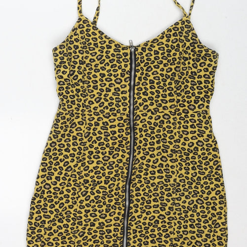 Nasty Gal Womens Yellow Animal Print Cotton Slip Dress Size 10 V-Neck Zip - Leopard Pattern
