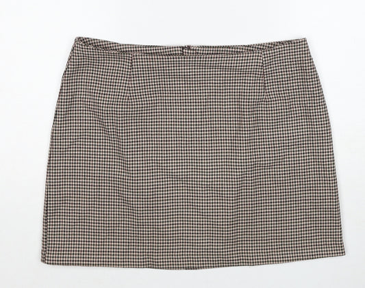 New Look Womens Beige Geometric Polyester A-Line Skirt Size 14 Zip - Houndstooth Pattern