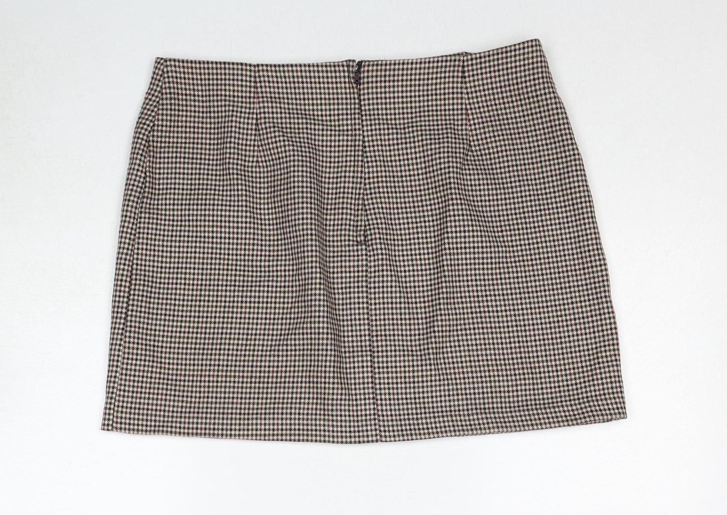 New Look Womens Beige Geometric Polyester A-Line Skirt Size 14 Zip - Houndstooth Pattern