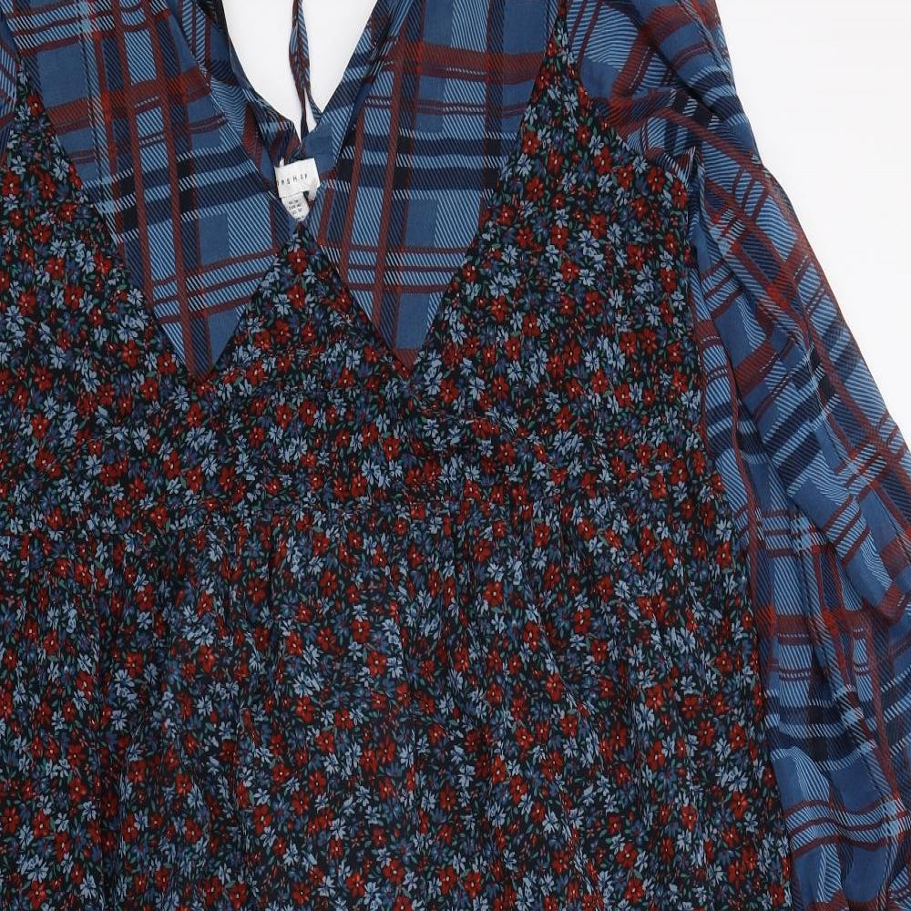 Topshop Womens Blue Floral Polyester A-Line Size 14 V-Neck Pullover
