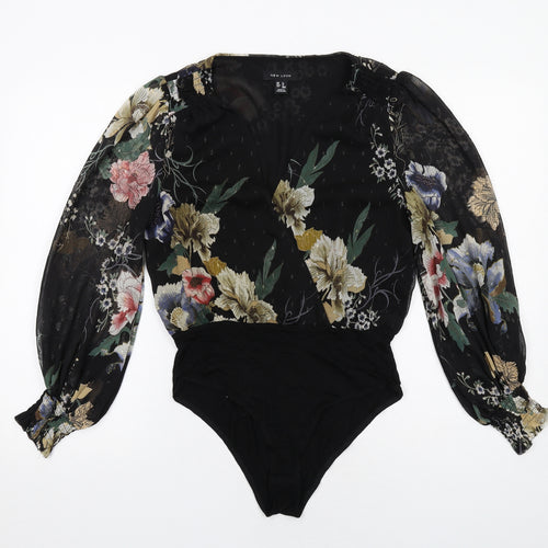 New Look Womens Black Floral Polyester Bodysuit One-Piece Size 8 Snap - Wrap Front