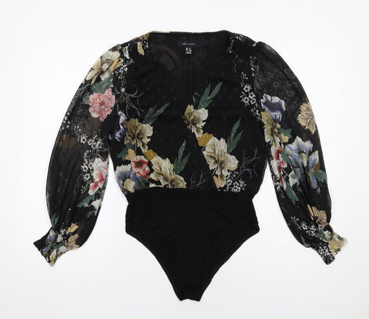 New Look Womens Black Floral Polyester Bodysuit One-Piece Size 8 Snap - Wrap Front