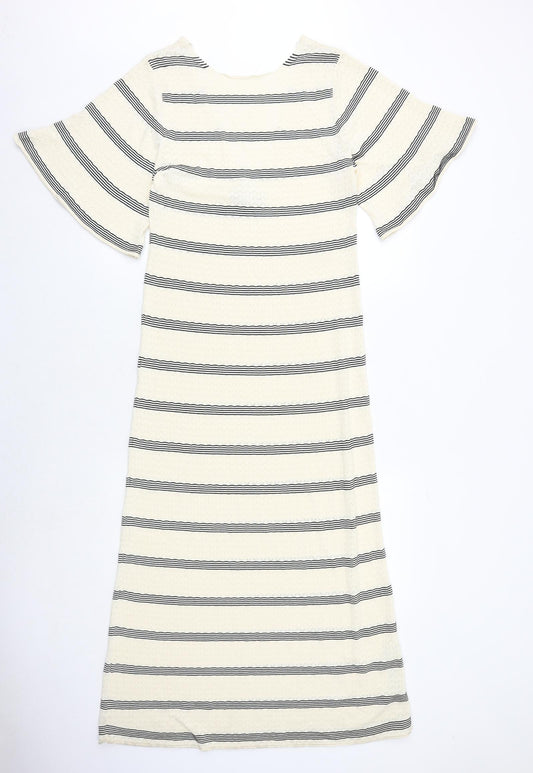 Zara Womens Beige Striped Polyester Maxi Size M Boat Neck Pullover - Wide Sleeve
