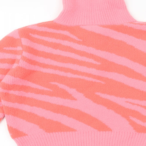Marks and Spencer Girls Pink Roll Neck Animal Print Polyester Pullover Jumper Size 9-10 Years Zip - Zebra Print