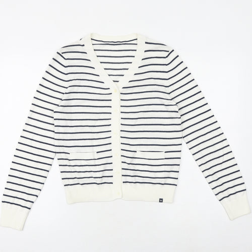 Crew Clothing Womens White V-Neck Striped Cotton Cardigan Jumper Size M