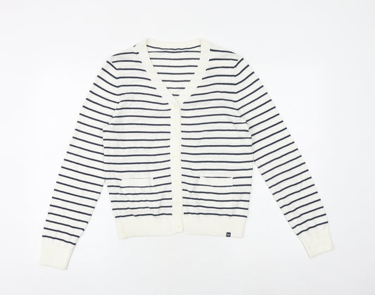 Crew Clothing Womens White V-Neck Striped Cotton Cardigan Jumper Size M