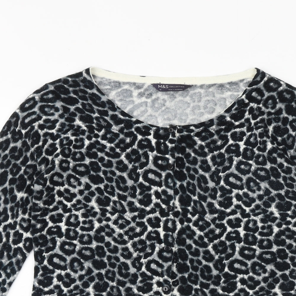 Marks and Spencer Womens Black Round Neck Animal Print Polyester Cardigan Jumper Size 14 - Leopard Pattern