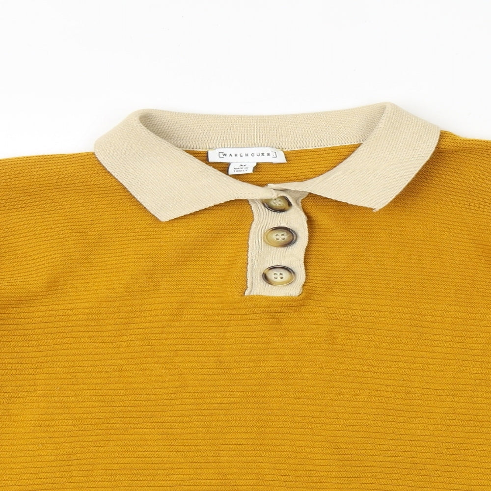 Warehouse Mens Yellow Collared Cotton Pullover Jumper Size M Long Sleeve