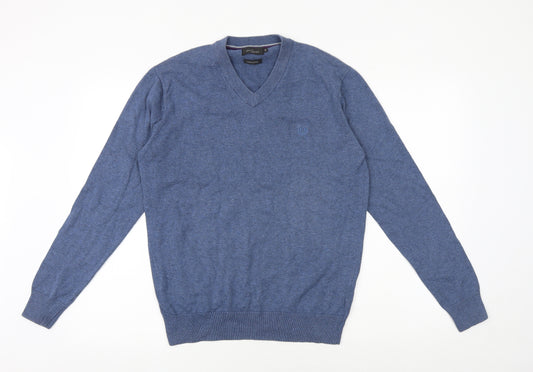Jeff Banks Mens Blue V-Neck Cotton Pullover Jumper Size S Long Sleeve